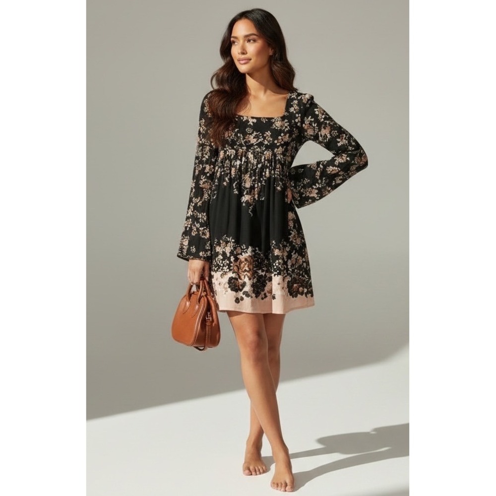 FREE PEOPLE Dress Women M Black Floral Bell Sleeve Square Neck Boho Mini Long